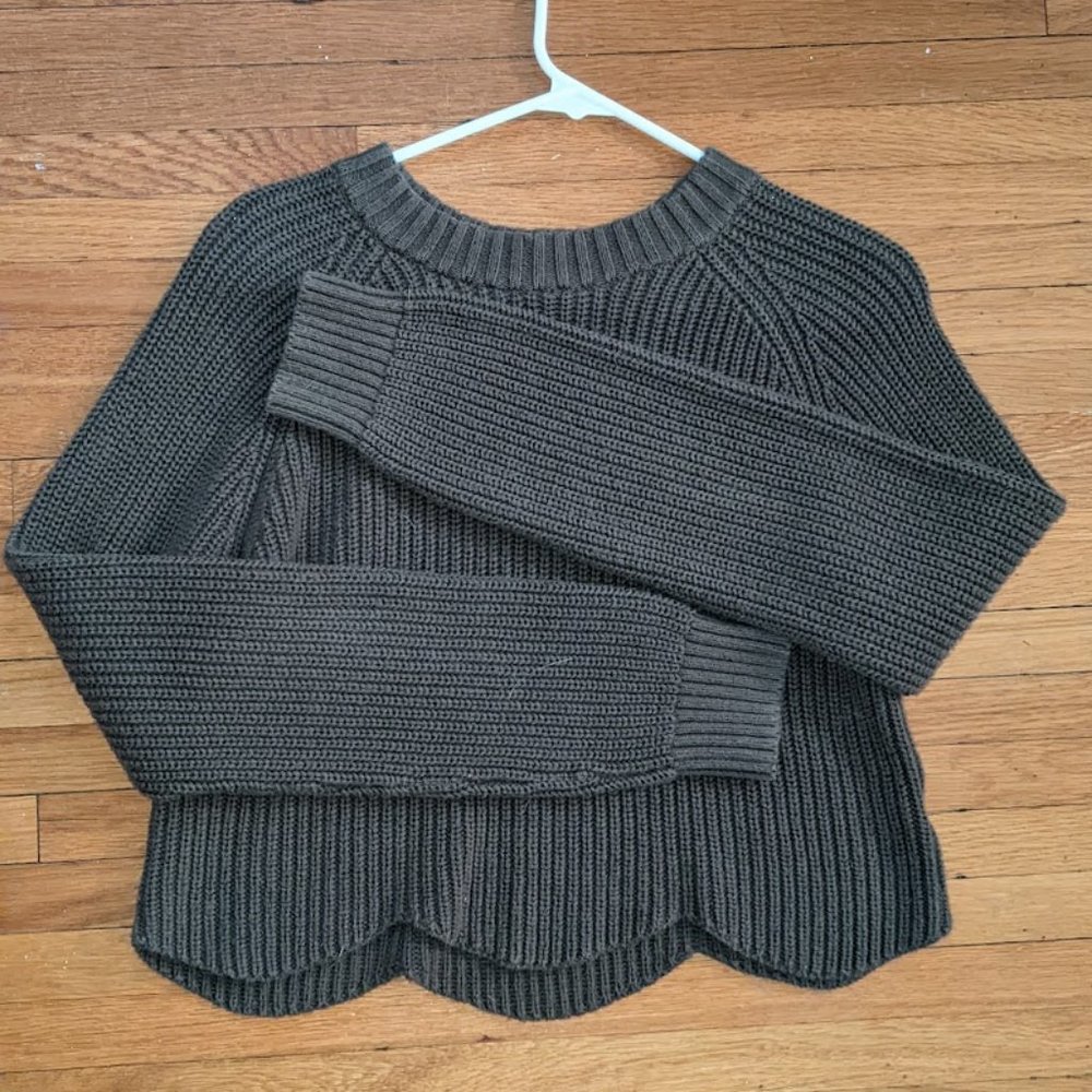 Olive or Pewter Green Cropped Sweater with Scalloped Edge